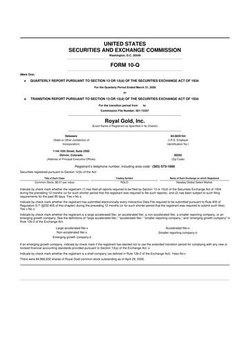 Thumbnail Royal Gold
 10-Q Quarterly Report FY 