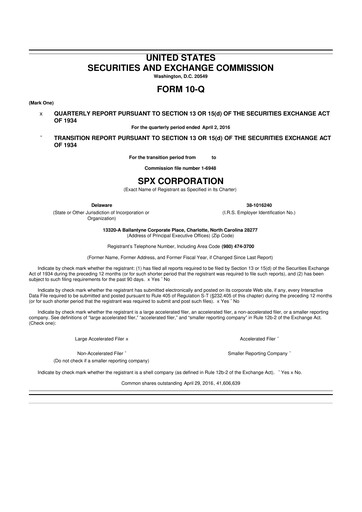 Miniature SPX Technologies 10-Q Rapport trimestriel 2016 