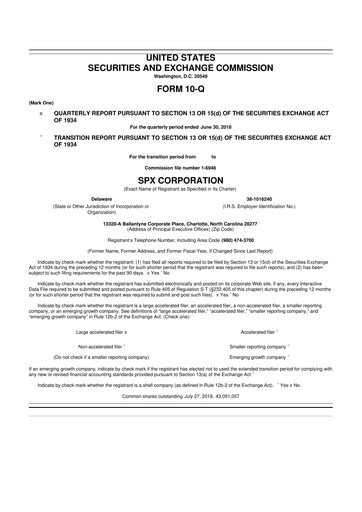 Miniature SPX Technologies 10-Q Rapport trimestriel 2018 