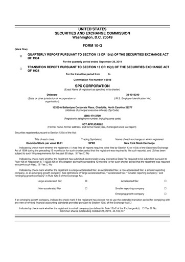 Miniature SPX Technologies 10-Q Rapport trimestriel 2019 