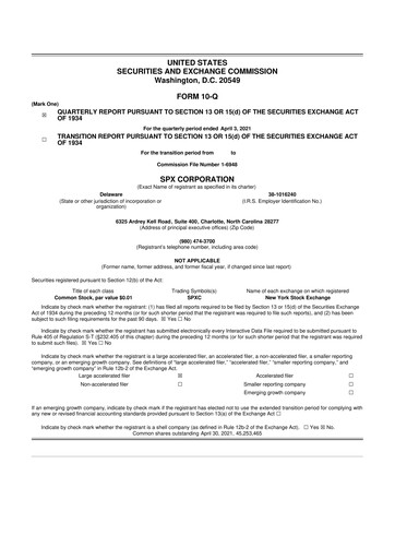 Miniature SPX Technologies 10-Q Rapport trimestriel 2021 