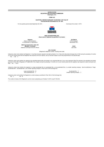 Thumbnail Mueller Industries
 10-Q Quarterly Report FY2015 