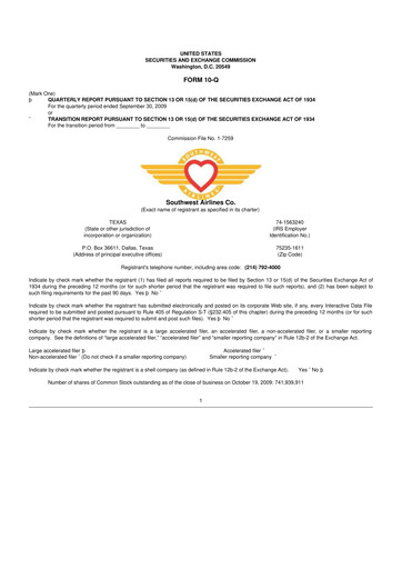 Thumbnail Southwest Airlines 10-Q Quarterly Report FY 