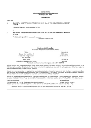 Thumbnail Southwest Airlines 10-Q Quarterly Report FY2016 