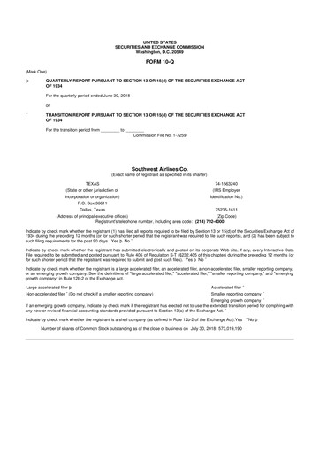 Thumbnail Southwest Airlines 10-Q Quarterly Report FY2018 