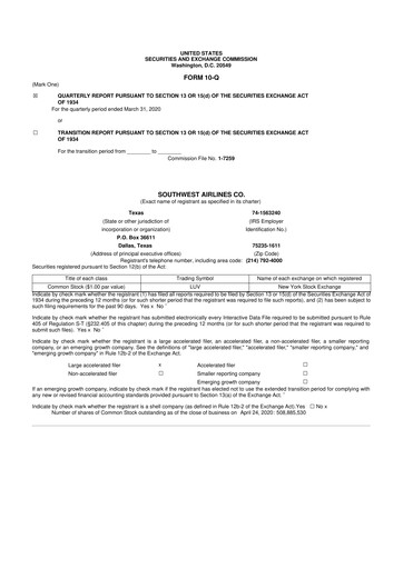Thumbnail Southwest Airlines 10-Q Quarterly Report FY2020 