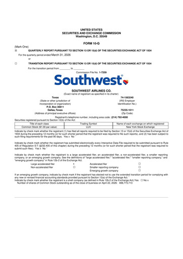 Thumbnail Southwest Airlines 10-Q Quarterly Report FY 