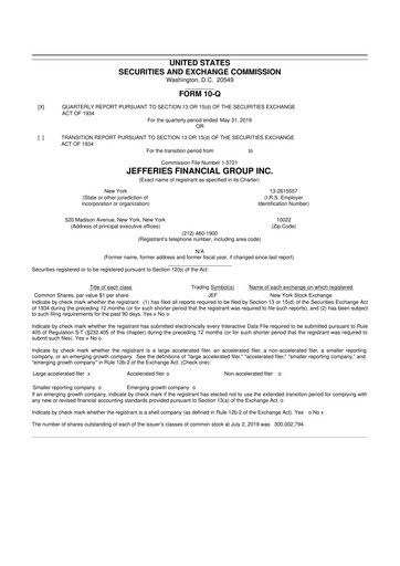 Miniature Jefferies Financial Group
 10-Q Rapport trimestriel 2019 