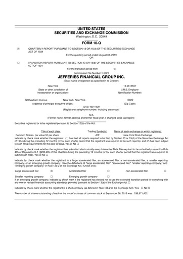 Miniature Jefferies Financial Group
 10-Q Rapport trimestriel 2019 