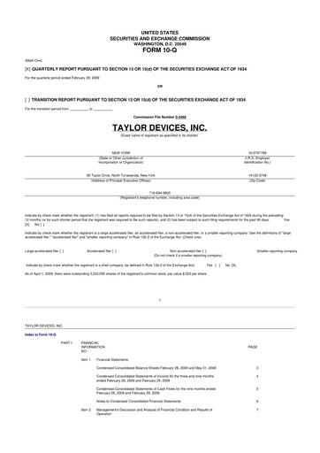 Miniature Taylor Devices 10-Q Rapport trimestriel  