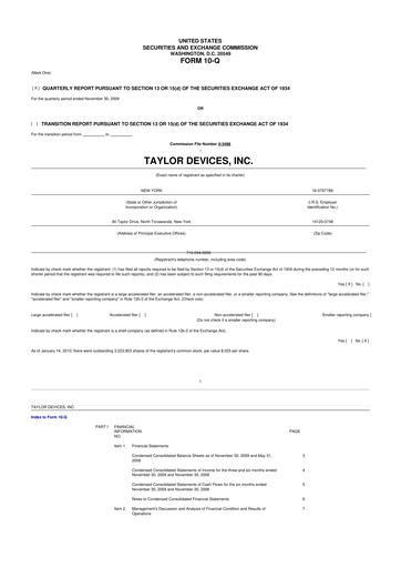 Miniature Taylor Devices 10-Q Rapport trimestriel  