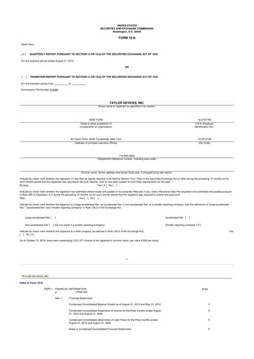 Miniature Taylor Devices 10-Q Rapport trimestriel  