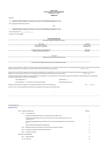 Miniature Taylor Devices 10-Q Rapport trimestriel  