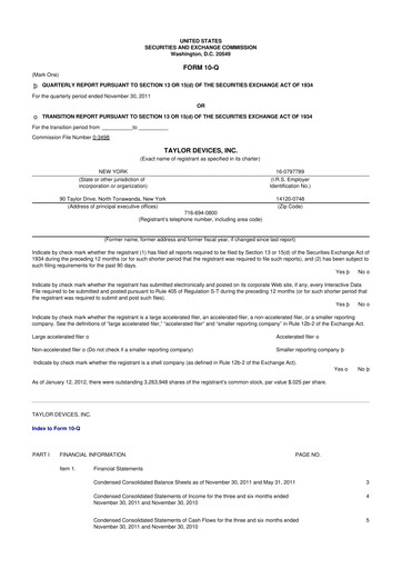 Miniature Taylor Devices 10-Q Rapport trimestriel 2012 