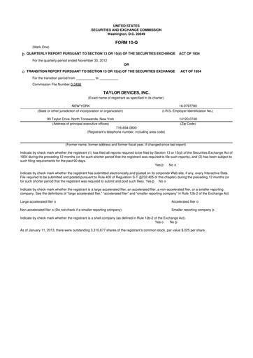 Miniature Taylor Devices 10-Q Rapport trimestriel 2012 