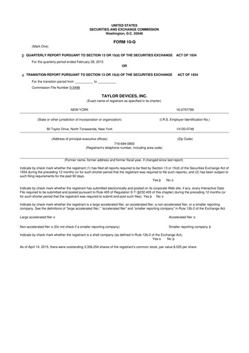 Miniature Taylor Devices 10-Q Rapport trimestriel 2015 
