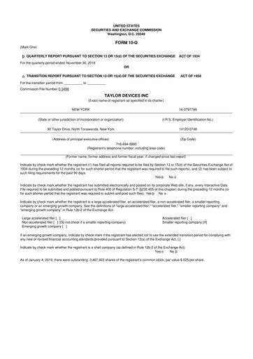 Miniature Taylor Devices 10-Q Rapport trimestriel 2019 