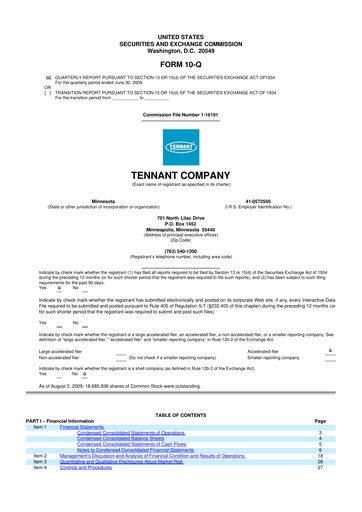 Thumbnail Tennant Company
 10-Q Quarterly Report FY 