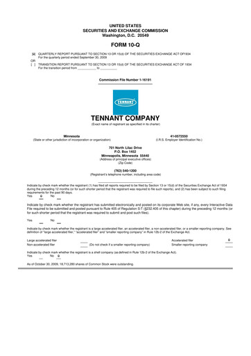Thumbnail Tennant Company
 10-Q Quarterly Report FY 