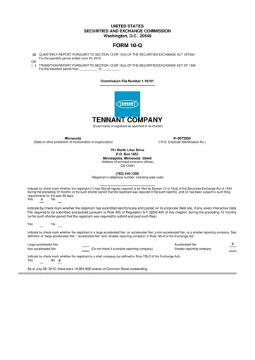 Thumbnail Tennant Company
 10-Q Quarterly Report FY 