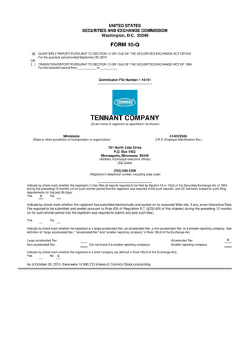 Thumbnail Tennant Company
 10-Q Quarterly Report FY 