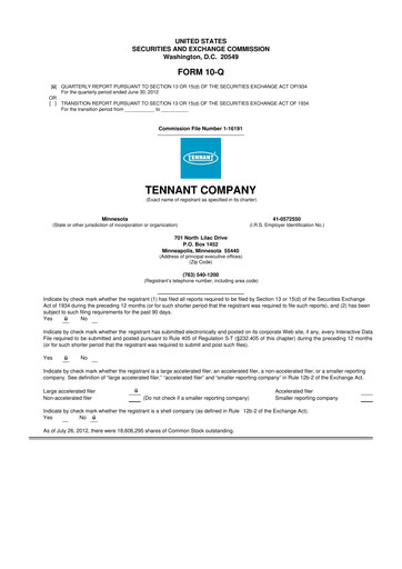 Thumbnail Tennant Company
 10-Q Quarterly Report FY2012 