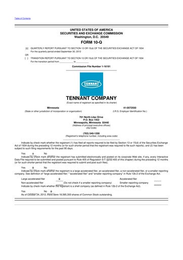 Thumbnail Tennant Company
 10-Q Quarterly Report FY2012 
