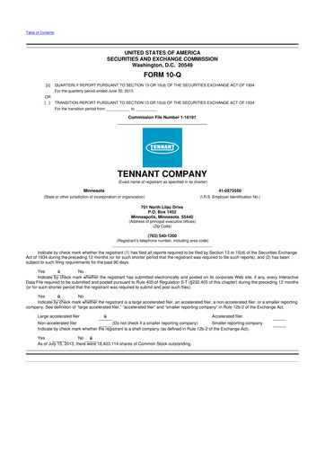 Thumbnail Tennant Company
 10-Q Quarterly Report FY2013 