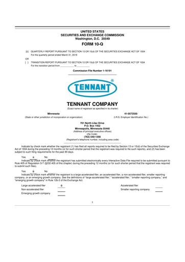 Thumbnail Tennant Company
 10-Q Quarterly Report FY2019 