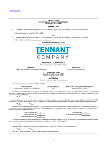 Miniature Tennant Company
 10-Q Rapport trimestriel  