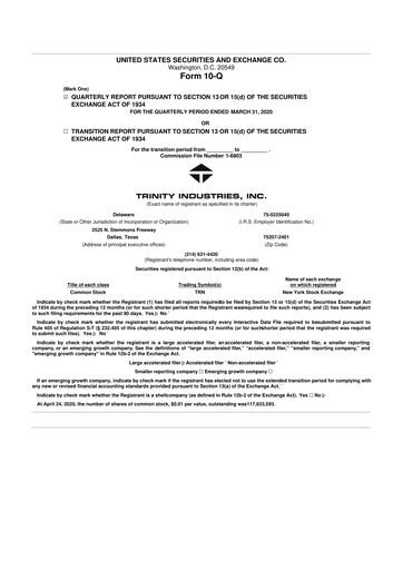 Miniature Trinity Industries
 10-Q Rapport trimestriel 2020 