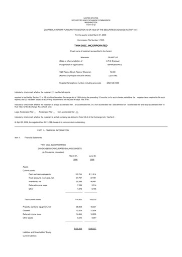 Thumbnail Twin Disc
 10-Q Quarterly Report FY 