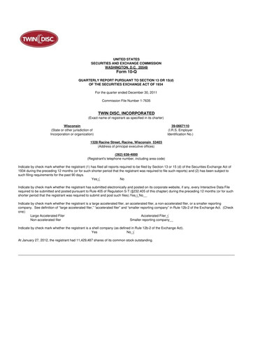 Thumbnail Twin Disc
 10-Q Quarterly Report FY2012 