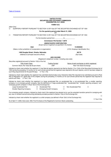Thumbnail Union Pacific Corporation 10-Q Quarterly Report FY 