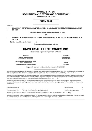 Thumbnail Universal Electronics 10-Q Quarterly Report FY 