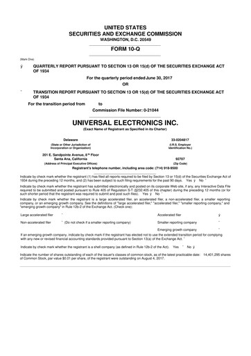 Thumbnail Universal Electronics 10-Q Quarterly Report FY 