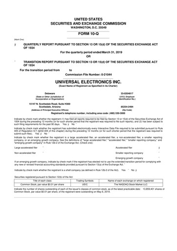 Thumbnail Universal Electronics 10-Q Quarterly Report FY 