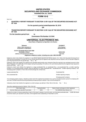 Thumbnail Universal Electronics 10-Q Quarterly Report FY 