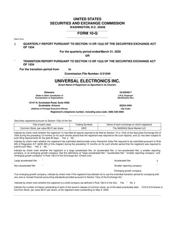 Thumbnail Universal Electronics 10-Q Quarterly Report FY 
