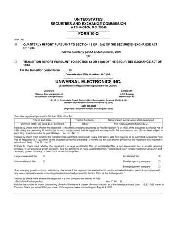 Thumbnail Universal Electronics 10-Q Quarterly Report FY 