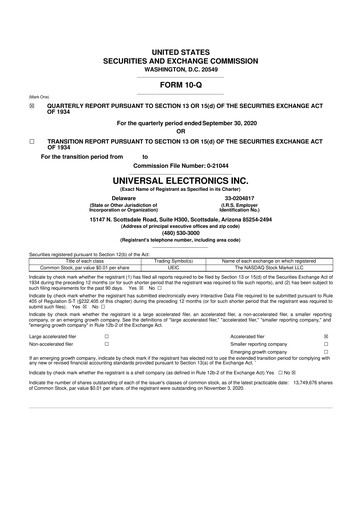 Thumbnail Universal Electronics 10-Q Quarterly Report FY 