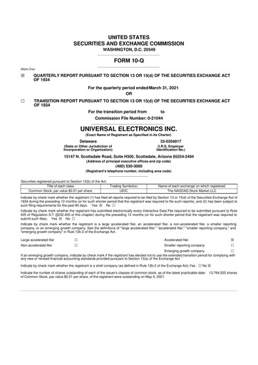 Thumbnail Universal Electronics 10-Q Quarterly Report FY 