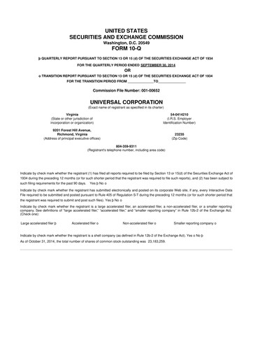 Thumbnail Universal Corporation
 10-Q Quarterly Report FY2015 