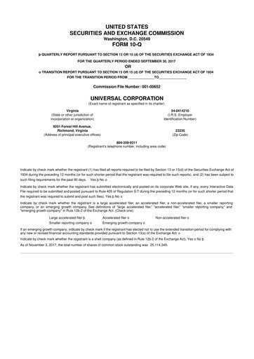Thumbnail Universal Corporation
 10-Q Quarterly Report FY2018 