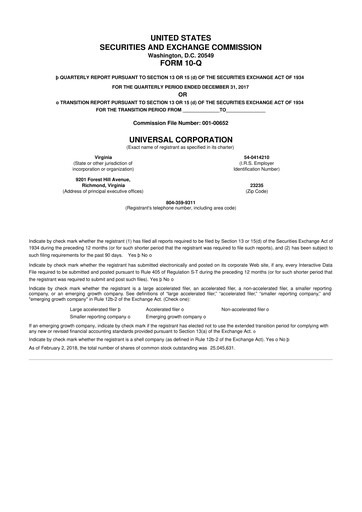 Thumbnail Universal Corporation
 10-Q Quarterly Report FY2018 