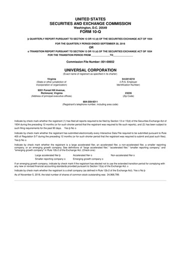 Thumbnail Universal Corporation
 10-Q Quarterly Report FY2019 
