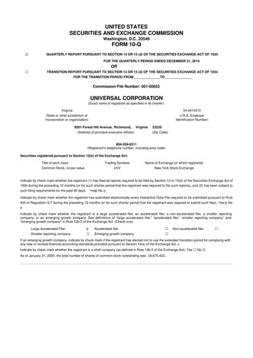 Thumbnail Universal Corporation
 10-Q Quarterly Report FY2020 