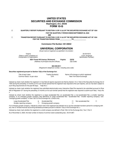 Thumbnail Universal Corporation
 10-Q Quarterly Report FY2020 