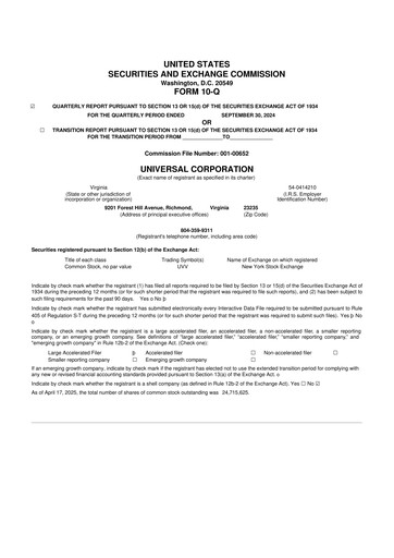 Thumbnail Universal Corporation
 10-Q Quarterly Report FY2025 