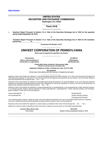 Thumbnail Univest Financial Corporation 10-Q Quarterly Report FY2018 